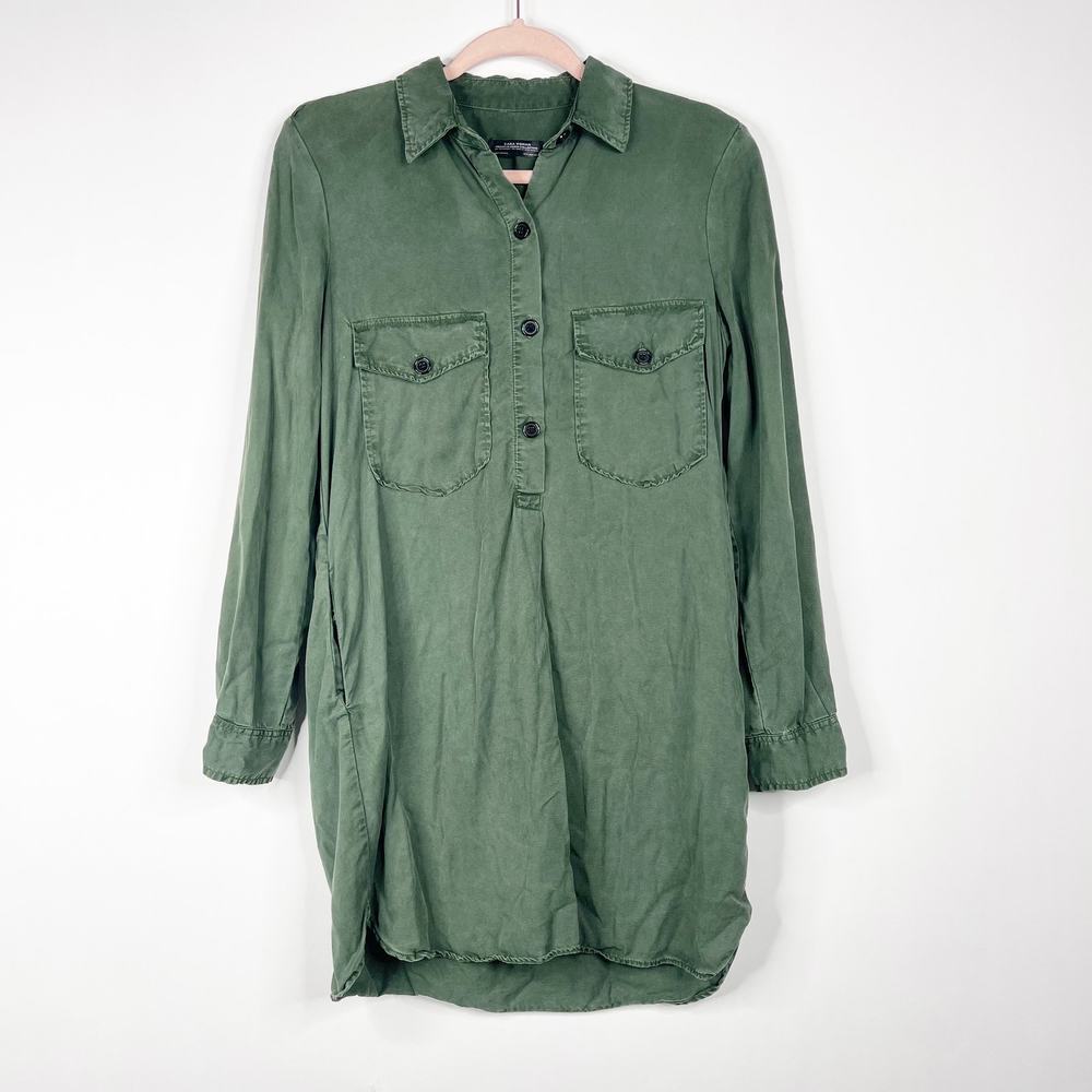2/$30 ZARA Henley Shirt Dress Medium Green Long Sleeve Side Slit Pockets #7235 - Picture 3 of 16